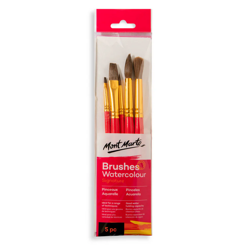 Mont Marte Gallery Series Brush Set Watercolour 5pce (2 x Flat, 2 x Round & 1 x Mop)